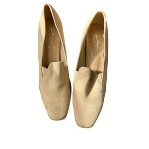 Joie Wevenly Suede Block Heel Loafers Tan Minimalist Square‎ Toe Slip-On Shoes